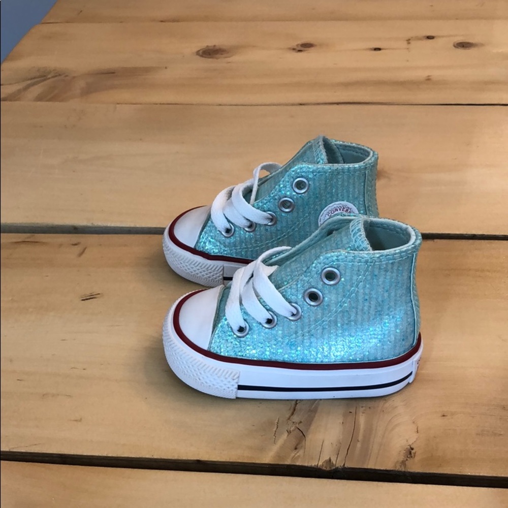 Teal glittered baby converse